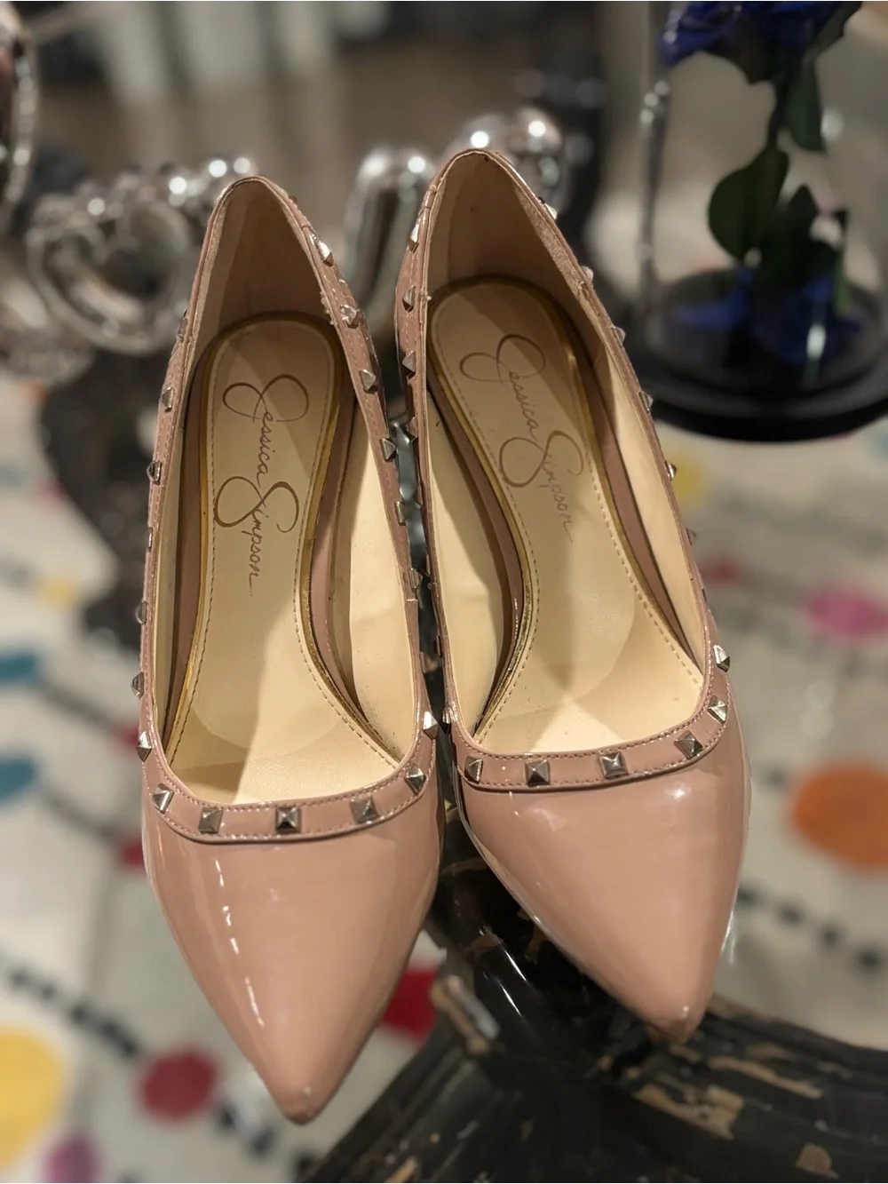 Jessica Simpson Nude Patent Leather Studded Pointed-Toe Pumps